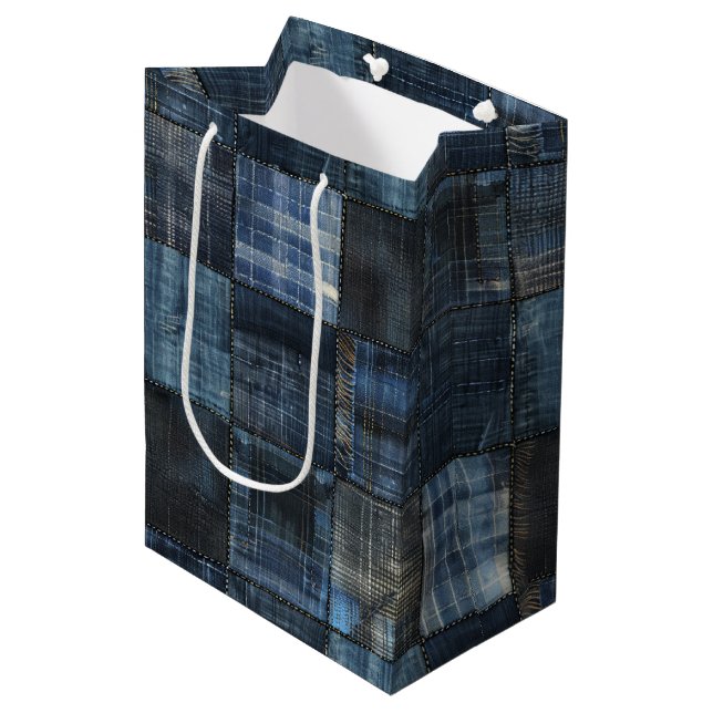 Indigo Denim Lappteknik Sömlöst Mönster (Framsidan Vinklad)