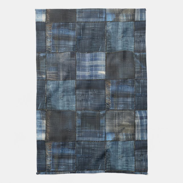 Indigo Denim Lappteknik Sömlöst Mönster Kökshandduk (Vertikal)