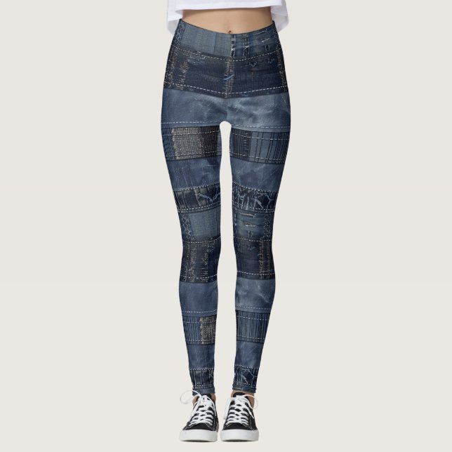 Indigo Denim Patchwork Seamless Mönster (2) Leggings (Framsida)