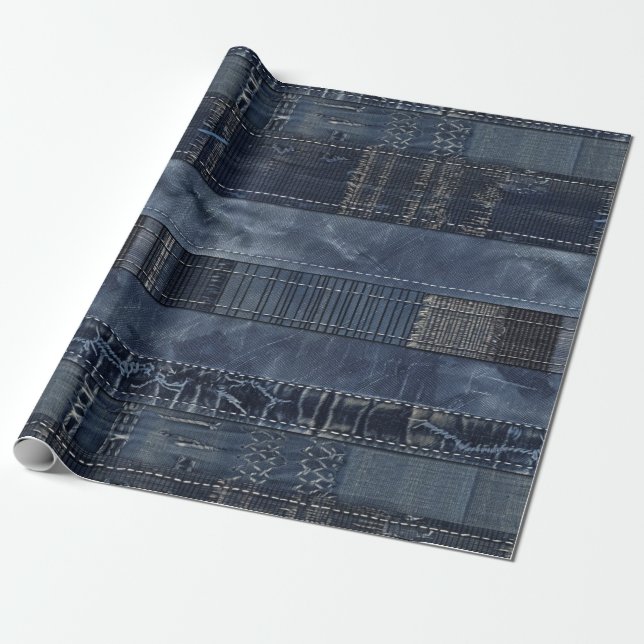 Indigo Denim Patchwork Seamless Mönster (2) Presentpapper (Utrullad)