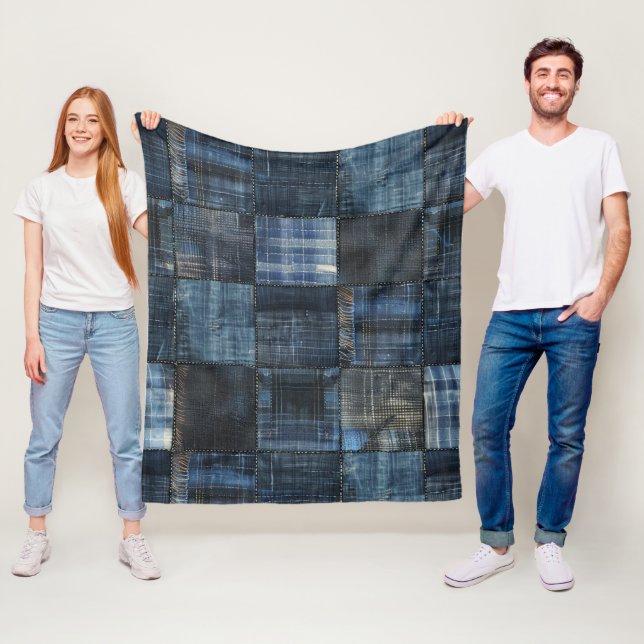 Indigo Denim Patchwork Seamless Mönster Fleecefilt (På plats)