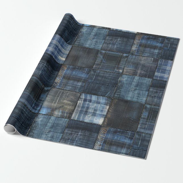Indigo Denim Patchwork Seamless Mönster Presentpapper (Utrullad)
