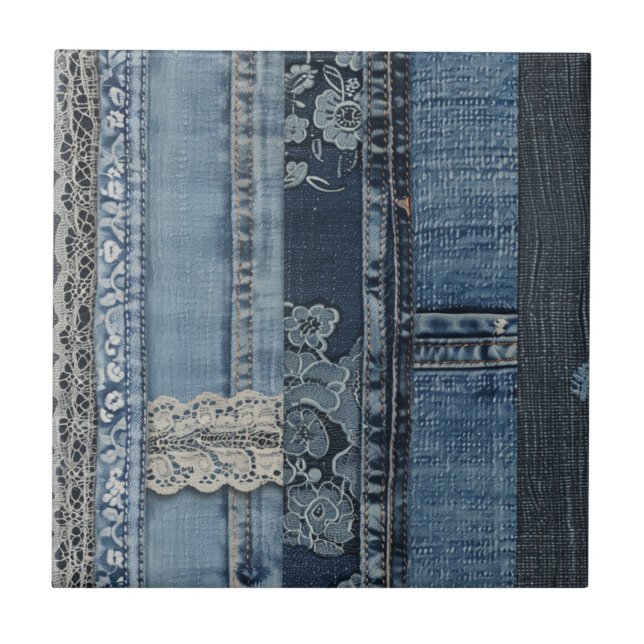 Indigo Denim Spetsrandigt Mönster Kakelplatta (Framsidan)