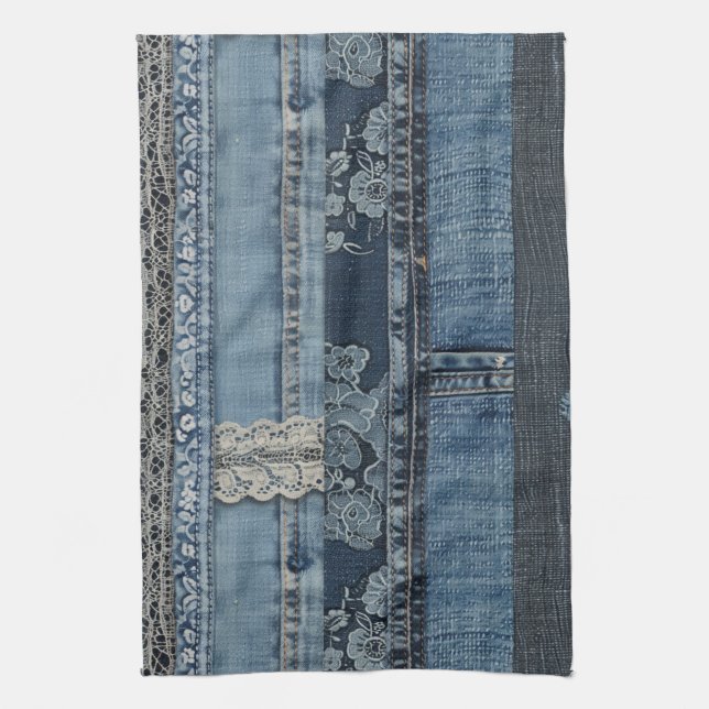Indigo Denim Spetsrandigt Mönster Kökshandduk (Vertikal)