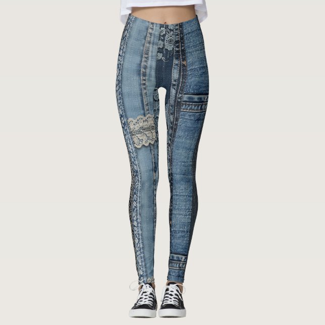 Indigo Denim Spetsrandigt Mönster Leggings (Framsida)