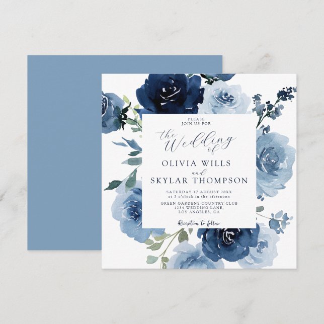 Indigo Dusty Blue Navy Flowers Garden Wedding Inbjudningar (Fram/baksida)