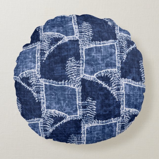 Indigo-Dyed Effect Textured Checked Patchwork Grap Rund Kudde (Framsidan)