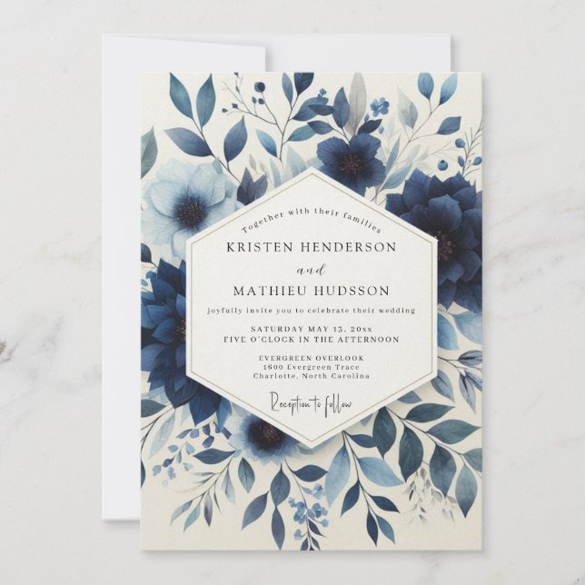 Indigo Floral Enchantment Wedding Inbjudningar (Framsida)