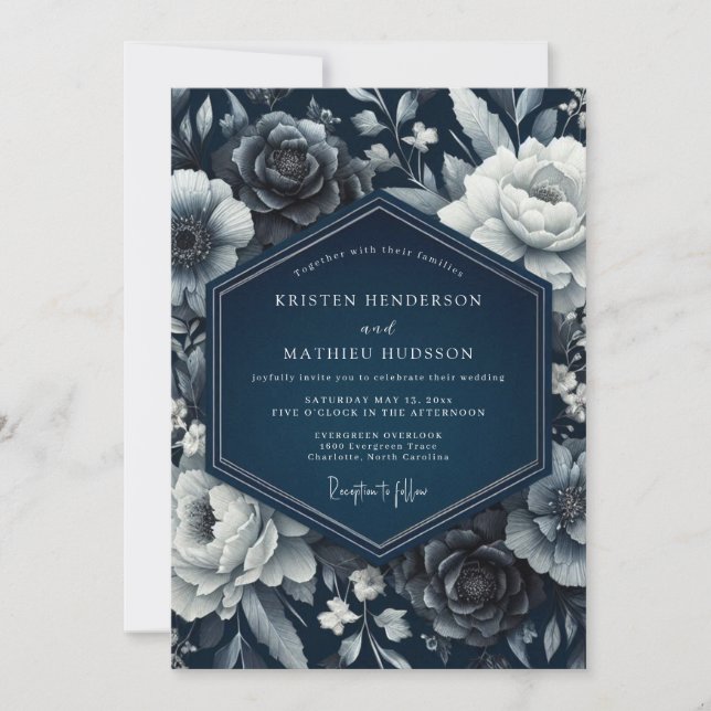 Indigo Floral Romance Wedding Inbjudningar (Framsida)