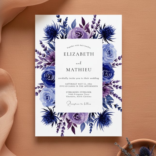 Indigo Floral Romantic Wedding Inbjudningar (Skapare uppladdad)