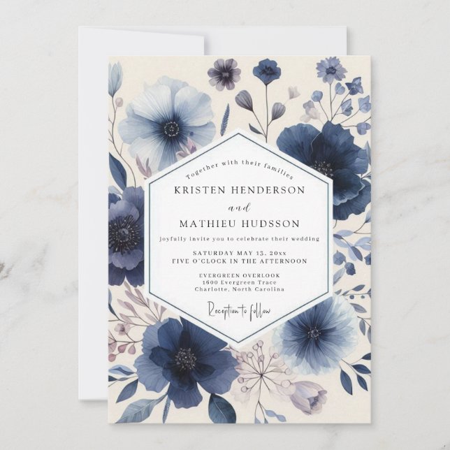 Indigo Floral Romantic Wedding Inbjudningar (Framsida)