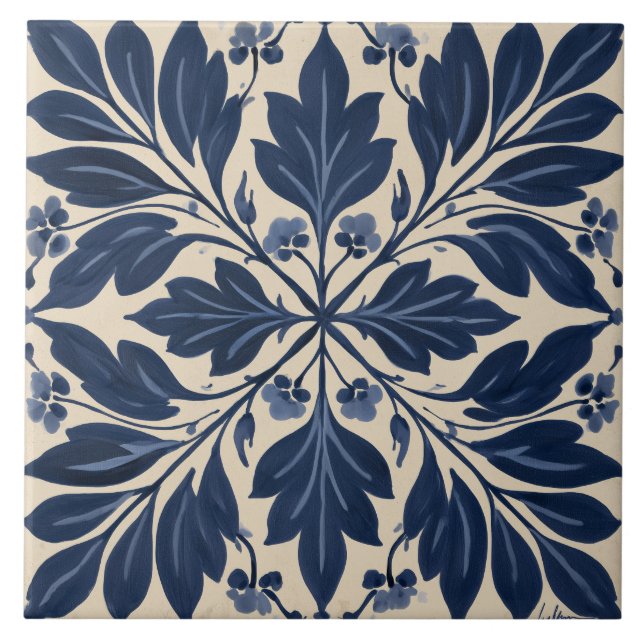 Indigo Folk Floral Damask Kakelplatta (Framsidan)