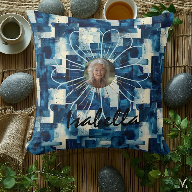 Indigo Geometrisk Blomning – Elegant Abstrakt Port Kudde (Skapare uppladdad)
