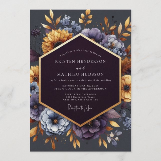 Indigo Gilded Bloom Wedding Inbjudningar (Framsida)