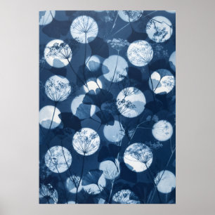 Indigo Ginkgo Vildblomma Månsken Cyanotyp Konst Poster
