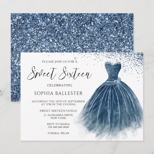 Indigo Glitter Dress Gown Sweet 16 Party Inbjudningar (Fram/baksida)