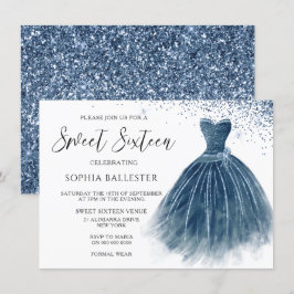 Indigo Glitter Dress Gown Sweet 16 Party Inbjudningar