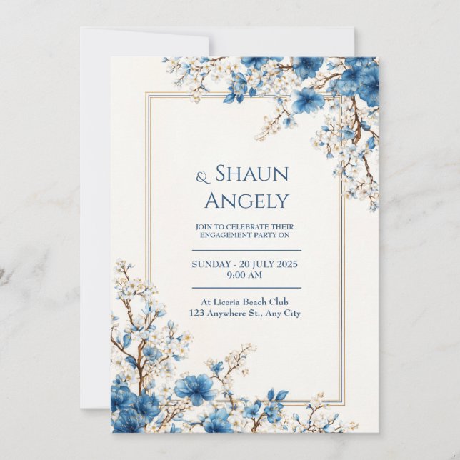 Indigo Gold Vein Ethereal Botanical Frame Wedding Inbjudningar (Framsida)