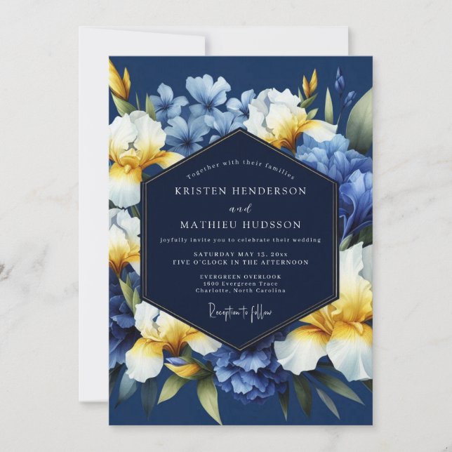 Indigo Golden Iris Bloom Wedding Inbjudningar (Framsida)