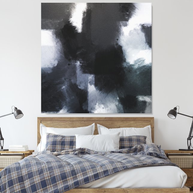 Indigo Grått Black Modern Abstrakt Brushstrokes Canvastryck (Insitu (sovrum))