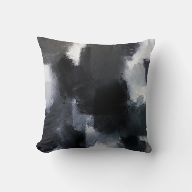 Indigo Grått Black Modern Abstrakt Brushstrokes Kudde (Framsida)