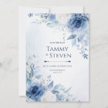 Indigo Guld Åder Vattenfärg Ros Kant Bröllop