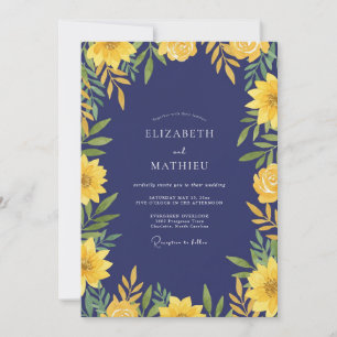 Indigo Guld Solros Eukalyptus Bröllop Inbjudningar