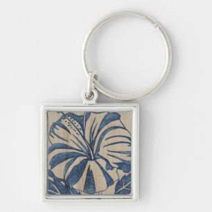 Indigo Hibiscus Fyrkantig Silverfärgad Nyckelring