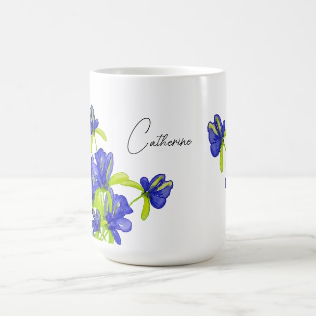 Indigo Iris Blommig Akvarellmonogram Kaffemugg (Center)