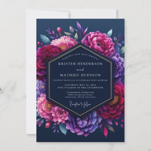 Indigo Jewel-Tone Bröllop Blommar Inbjudningar (Framsida)
