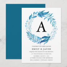 Indigo Leaves | Monogram Bröllopsinbjudan