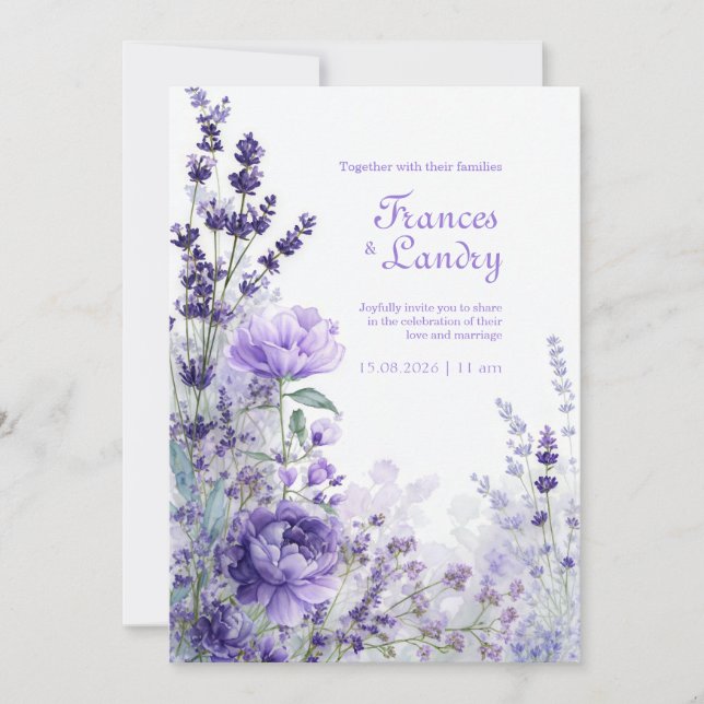 Indigo Lila Akvarell Ros Lavendel Blomning Inbjudningar (Framsida)