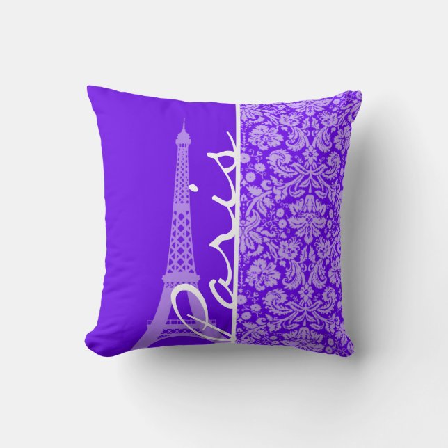 Indigo, Lila Damask, Paris, Eiffel Torn Kudde (Framsida)