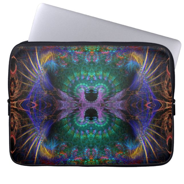 Indigo Lila Grön Fraktal Fjäder Laptop Fodral (Framsidan)