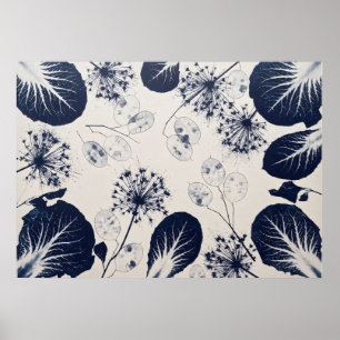 Indigo Lunaria Allium Botaniskt Bladmönster Poster