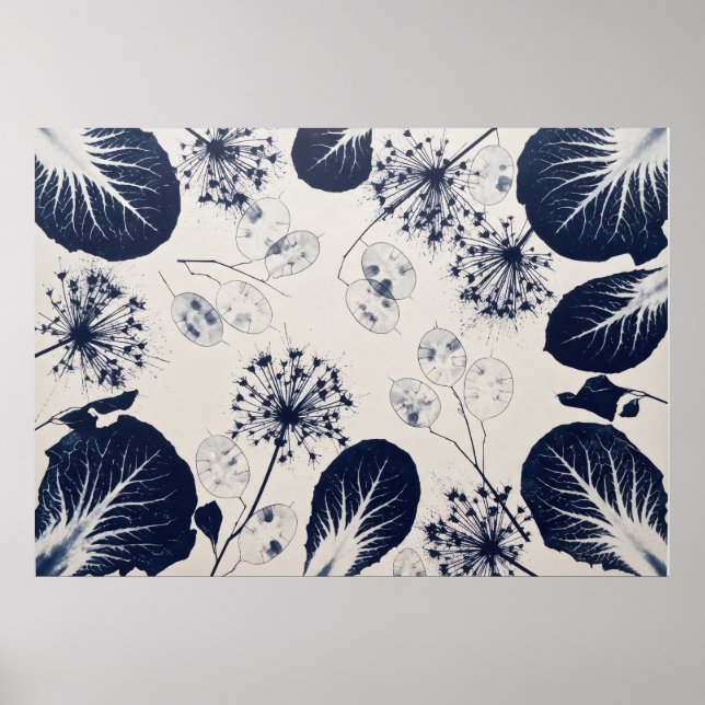 Indigo Lunaria Allium Botaniskt Bladmönster Poster (Framsidan)