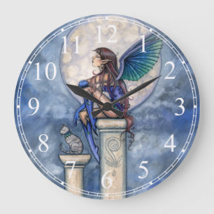 Indigo Måne Blue Fairy and Cat Fantasy Clock Stor Klocka