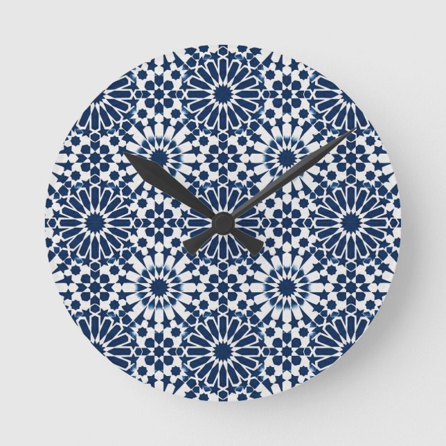 Indigo Marockansk Geometrisk Stjärna Mosaik Mönste Rund Klocka (Framsida)