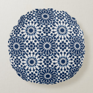 Indigo Marockansk Geometrisk Stjärna Mosaik Mönste Rund Kudde
