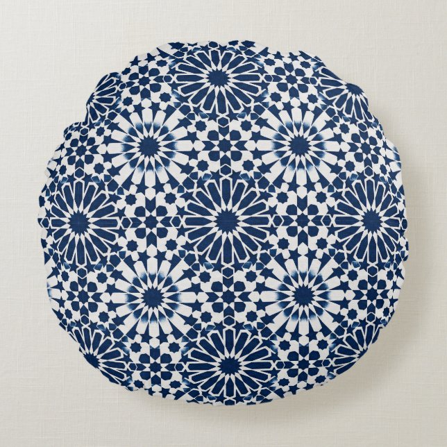 Indigo Marockansk Geometrisk Stjärna Mosaik Mönste Rund Kudde (Framsidan)