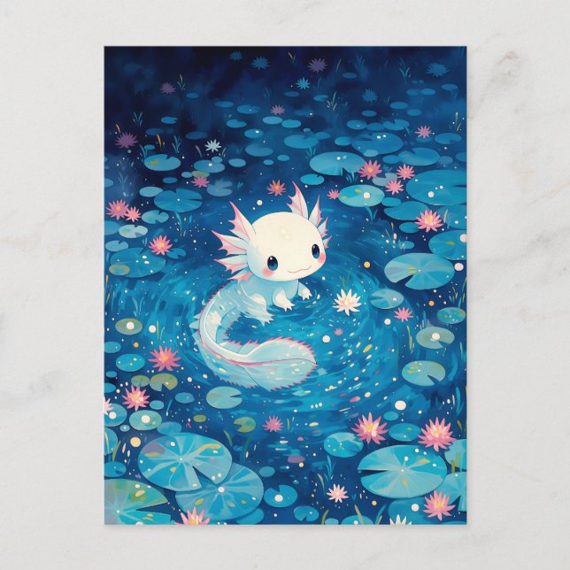 Indigo Midnatt Glöd Kawaii Axolotl Dam Vykort (Framsida)