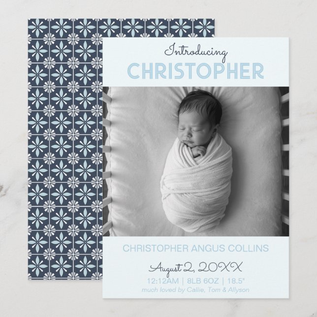 Indigo Modern Tile Birth Announcement Card (Fram/baksida)
