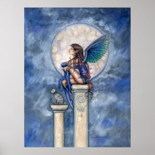 Indigo Moon Fairy och katt affisch tryck