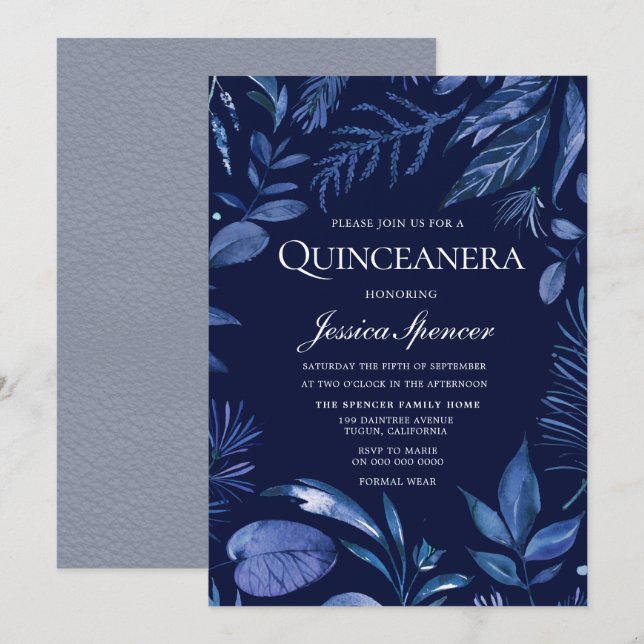 Indigo & Navy Blue Löv Blommigt Quinceanera Inbjud Inbjudningar (Fram/baksida)