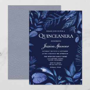 Indigo & Navy Blue Löv Blommigt Quinceanera Inbjud Inbjudningar