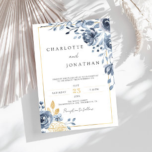 Indigo Navy Blue och Guld Elegant Romantic Bröllop Inbjudningar