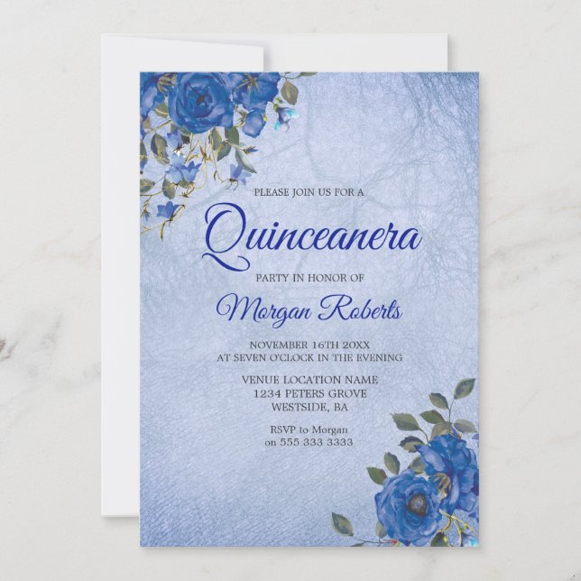 Indigo Navy Flowers Blue Watercolor Quinceanera Inbjudningar (Framsida)