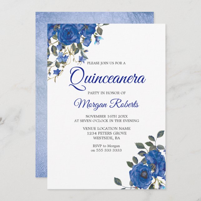 Indigo Navy Midnight Blåa blommor Quinceanera Inbjudningar (Fram/baksida)