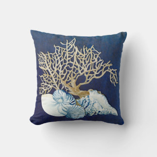 Indigo Ocean Coral Seashells Nautical Beach House Kudde