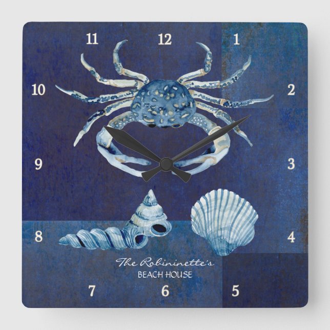 Indigo Ocean Crab Seashells Nautical Beach House Fyrkantig Klocka (Framsida)